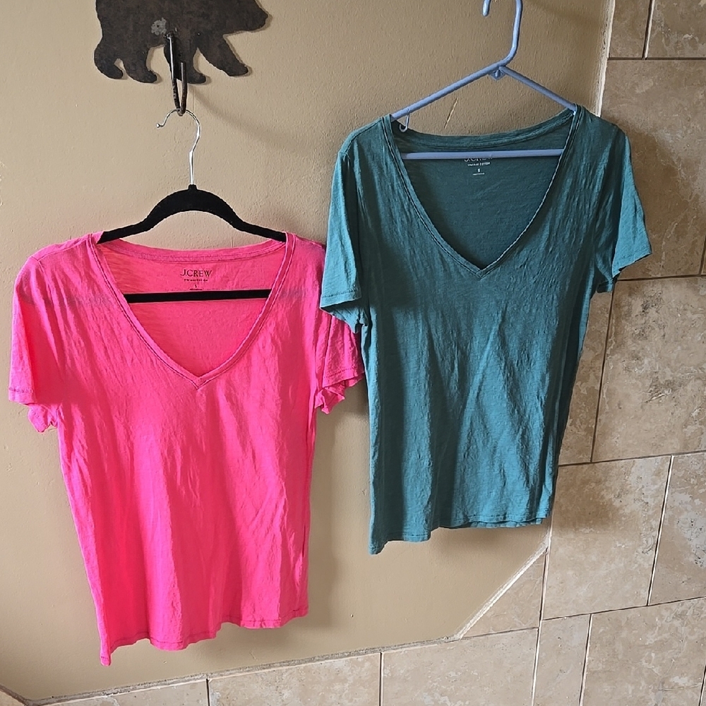 J. Crew Women's V-Neck Vintage Tees - Pink and Dark Teal.